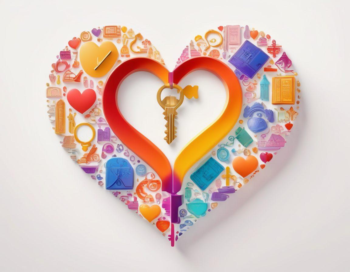 An abstract representation of a colorful key unlocking a vibrant heart, surrounded by various symbols of sexual wellness and education, such as books, light bulbs, and diverse couples sharing positive moments. The background features a gradient of warm hues to evoke feelings of inclusiveness and positivity. super-realistic. vibrant colors. white background.
