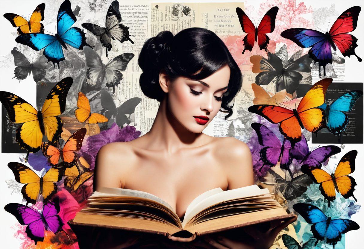 A vibrant and dynamic collage featuring a spectrum of adult entertainment mediums, such as a vintage book with romantic illustrations, a classic film reel showcasing steamy scenes, and modern digital devices displaying immersive content. Incorporate subtle hints of evolution in the forms of butterflies and film strips intertwining. The overall tone should balance sensuality and sophistication, inviting viewers to explore. super-realistic. vibrant colors. white background.